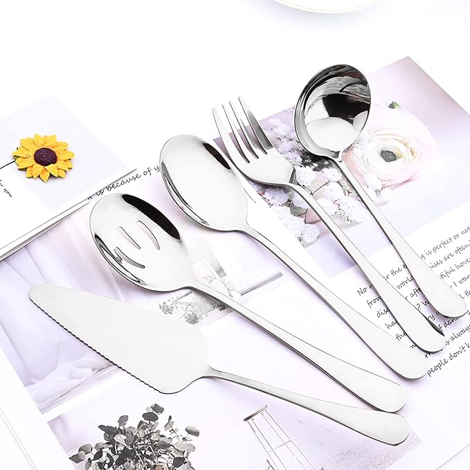 35-Piece Mirror Silver Flatware Set, 18/0 Stainless Steel Cutlery Set With Seriving Utensils For 6, Home Restaurant Silverware Set With Cake Knife, Colander, Soup Spoon, Dishwasher Safe