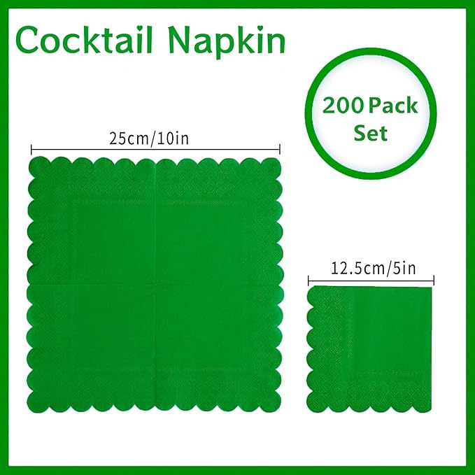 200 Pack Cocktail Napkin 2-Ply Scalloped Edged Dessert Napkins Folded 5 x 5 Inches Disposable Napkins for Dinner Wedding Birthday Party Bridal Anniversary Reception Event (Green-2)