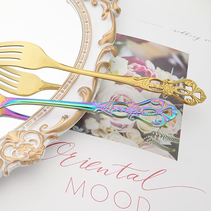 Elegant 32-Piece (4 Set) Retro Flatware Set, Stainless Steel Cutlery Set - Complete Eating Tableware Serving Set, Dishwasher Safe, Shiny Mirror Polish (Rainbow)