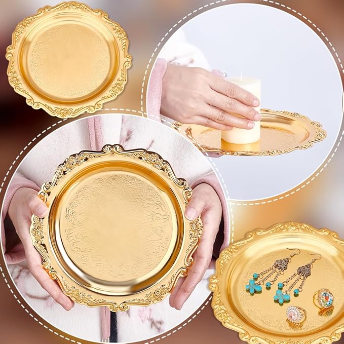 PH PandaHall 7.8" Gold Tray Jewellery Display Tray Decorative Serving Tray Vintage Style Candle Tray Dispenser for Wedding Party Home Kitchen Centerpiece Display Countertop Organization