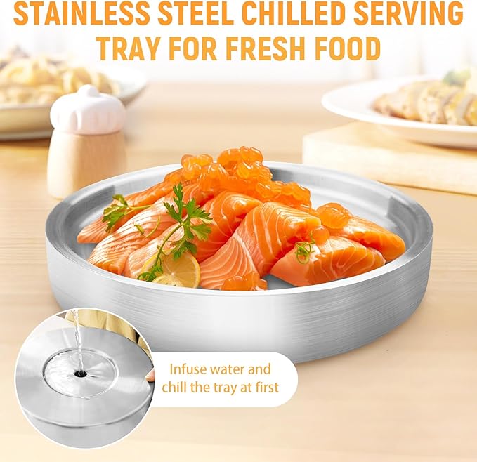 9.4" Stainless Steel Chilled Serving Trays for Parties Containers, Round Silver Ice Tray for Food Buffet Bowls Box Platter Server Cold Ice Vegetable Fruits Snacks Shrimp Cocktail Fridge (Silver)