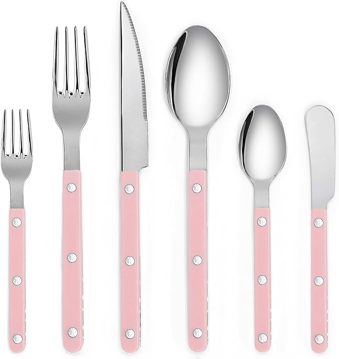 6-Piece Stainless Steel Flatware Silverware Cutlery Set - Color Handle with Rivet/Retro Style - Includes Dinner Knife; Dinner Fork; Salad Fork; Soup Spoon; Teaspoon; Spreader (PINK)