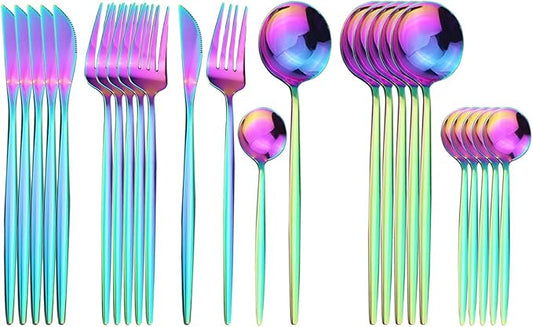 Rainbow Silverware Set, 24-Piece Stainless Steel Flatware Set Service For 6, Mirror Polished Iridescent Tableware Cutlery Set Knife Fork And Spoon For Home & Restaurant, Dishwasher Safe