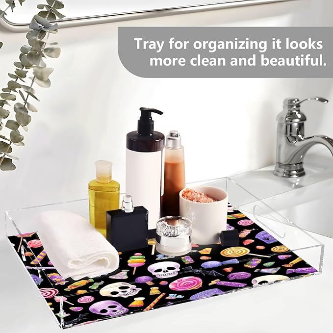 Serving Tray with Handles Clear Acrylic Tray 12x16 Inch Decorative Rectangular Tray Organizer for Ottoman Coffee Table Bathroom Halloween Skulls Lollipops Candies