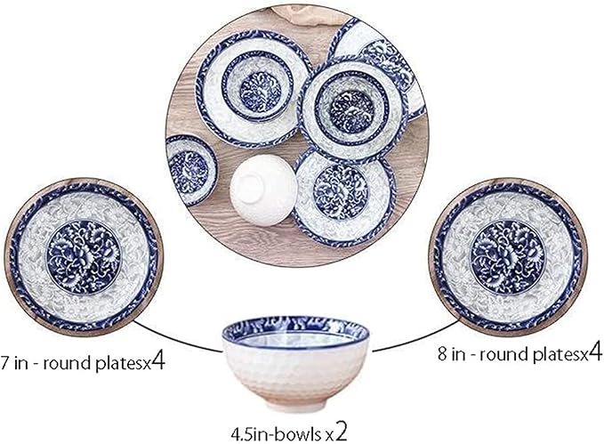 Dinnerware Set, 12Piecejapanese Style Ceramic Dinnerware Set,Blue and White Creative Ceramic Dinnerware-Including Plates/Bowl Sets