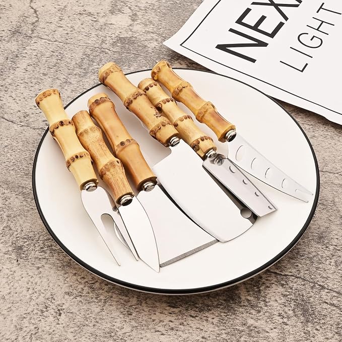 6-Piece Bamboo Silverware Set, Stainless Steel Flatware Hostess Serving Set Bamboo Utensils Tableware Set for Home Camping Travel Hotel - 6pcs Cheese Knife