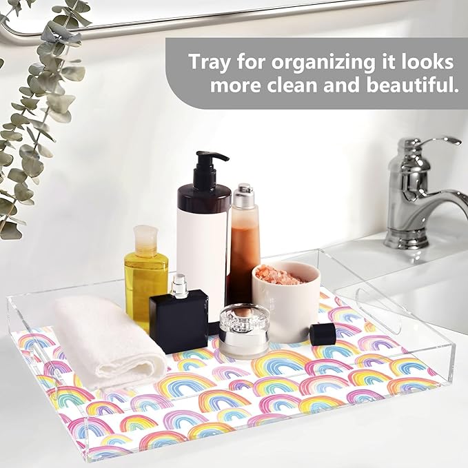 Serving Tray with Handles Clear Acrylic Tray 12x16 Inch Decorative Rectangular Tray Organizer for Ottoman Coffee Table Bathroom Gradient Cute Rainbows