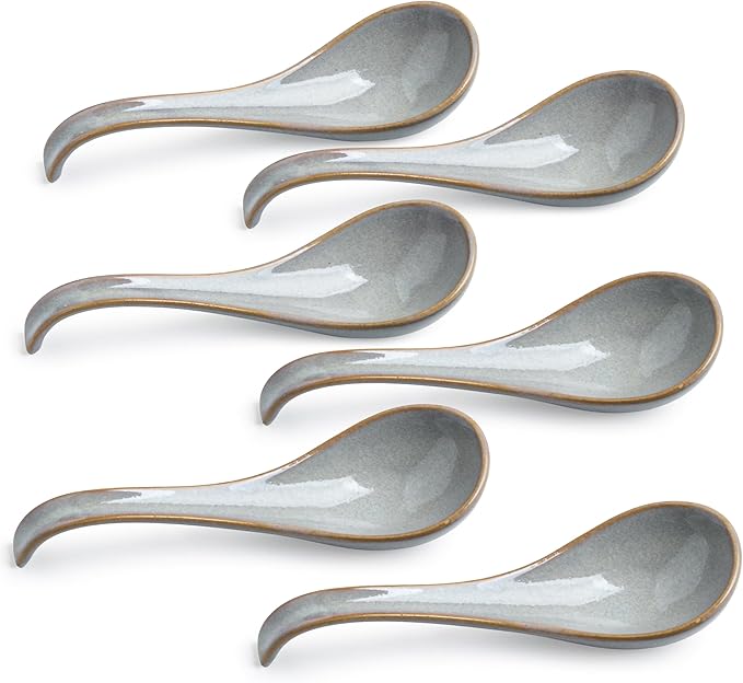 LYEOBOH Ceramic Asian Soup Spoons Set of 6 with Long Handle for Kitchen, Restaurant, Japanese Ramen Spoons with Deep Hook Design, Dishwasher & Microwave Safe, Gray