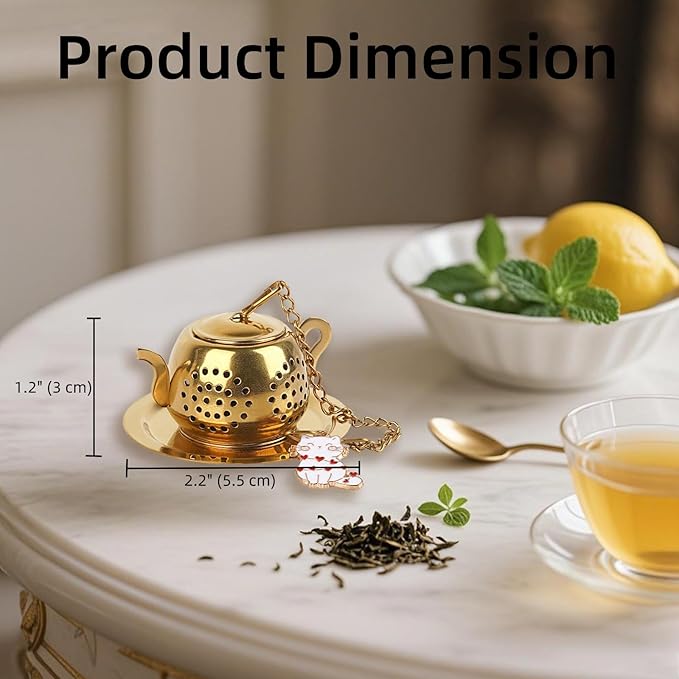 Set of 2 Loose Leaf Tea Infuser Ball, Stainless Steel Tea Brewer Filter with Cat Accessories, Tea Strainer with Chain and Drip Trays (Gold)