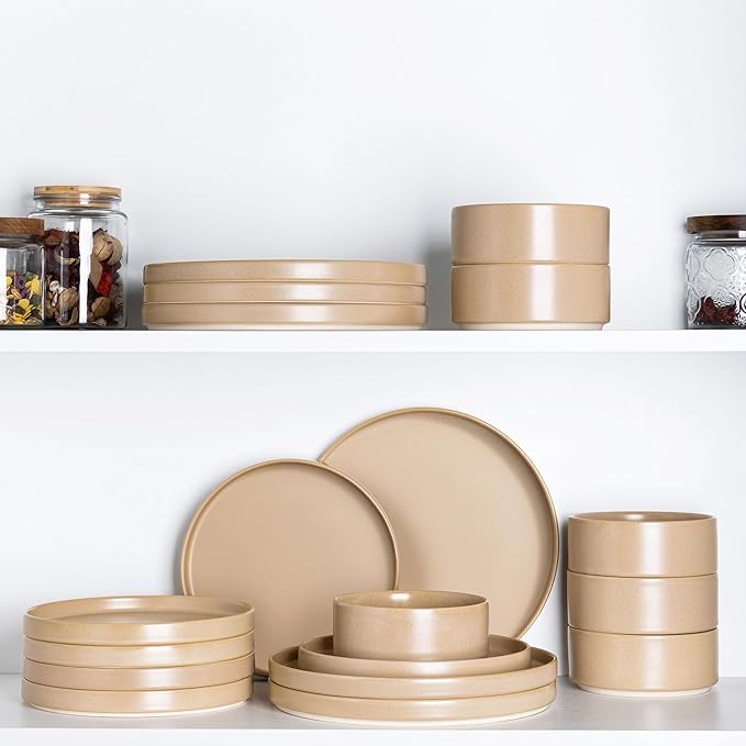 TheTerra Ceramic Dinnerware Sets for 6, 18 Pieces Handmade Reactive Glaze Plates and Bowls Set, Scratch Resistant Dish Set, Oven & Microwave & Dishwasher Safe, Ivory Cream