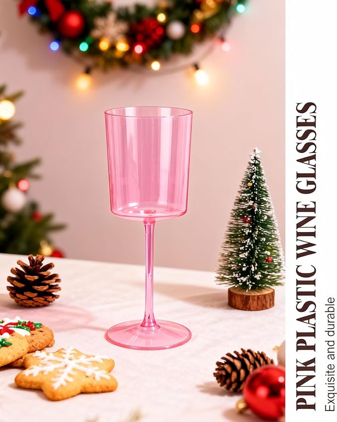 Ciaell 12 Pack Pink Plastic Wine Glasses - 10 Oz Disposable Wine Glasses with Stem for Parties & Weddings & Poolside & Outdoors & Camping