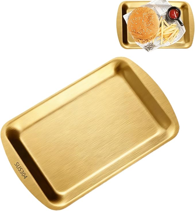 Gold Serving Tray SUS304 Stainless Steel Rectangular Tray, Metal Tray with Handles, Decorative Organizer Trays for BBQ,Party,Buffet,Coffee,Appetizer, 9.2x5.7Inch