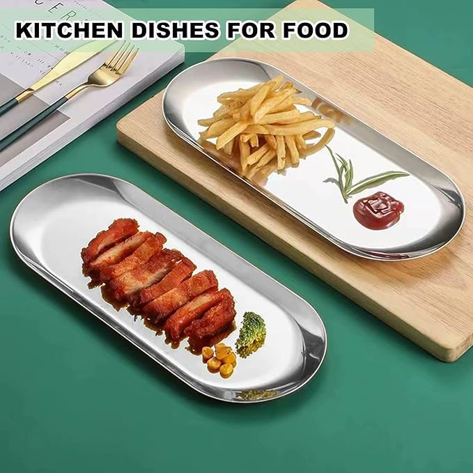 6PCS Stainless Steel Serving Tray Set Small Metal Trays Decorative Silver Platters for Serving Food Party 9" Long Plate Oval Storage Trays Thickened Serving Dishes for Entertaining Sushi Snack
