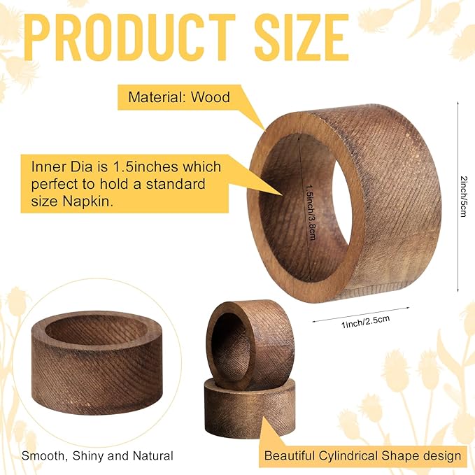 60pcs Wooden Napkin Rings, Handmade Dining Table Napkin Holder, Rustic Wood Napkin Holders Bulk for Weddings, Thanksgiving, Christmas & Events - 2 Inch, Brown