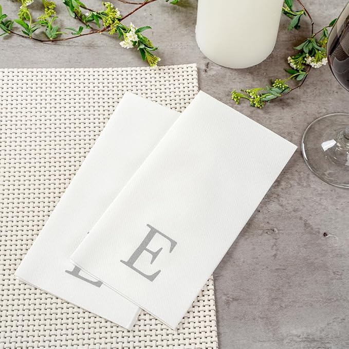 Luxenap 15.8 X 7.9 Inch Linen-Feel Guest Towels, 50 Lettered Hand Towels - Silver Letter 'E', Sans Serif Font, White Paper Dinner Napkins, airlaid, For Restrooms And Tables - Restaurantware