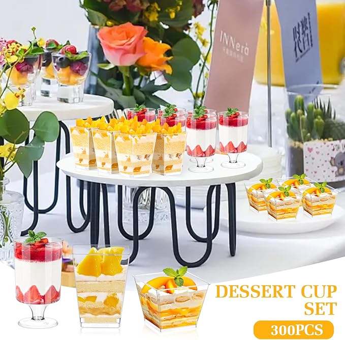 tchrules 300 Packs 5oz Dessert Cups with Spoons, 3 Styles Mini Plastic Appetizer Cups, Clear Parfait Cup for Party, Cake Cups for Tiramisu, Pudding, Snacks, Yogurt, Fruits, Mousse