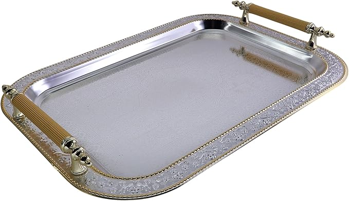 17.1 inch x 12.4 inch Rectangular Chrome Plated Silver Serving Tray with Handles Iron Gold Edge Engraved Decorative Wedding Dessert Buffet Wine Decor Platter Plate NC-147