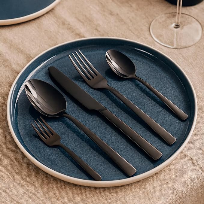 Oxford Silverware Set, 30 Piece Black Flatware Matte Stainless Steel, Service for 6, for Kitchen, Home, Wedding, Party, Mirror Polished Dishwasher Safe