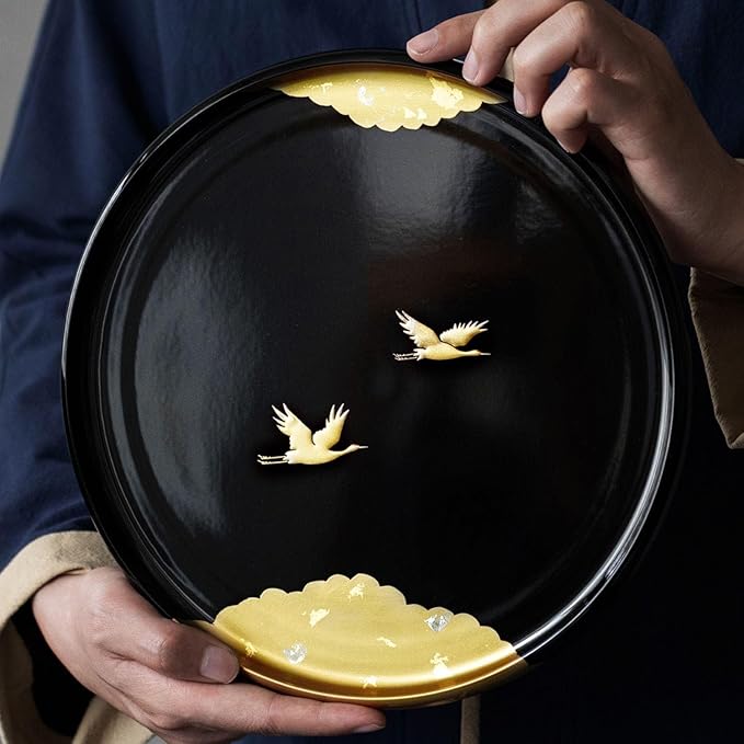 Wooden Tray Front Heavy Lacquer Resin Round Tray Japanese Handmade Crane Lacquer Tray Dry Tea Tray Tea Restaurant Dining Tray Serving Tray with Handles(A)