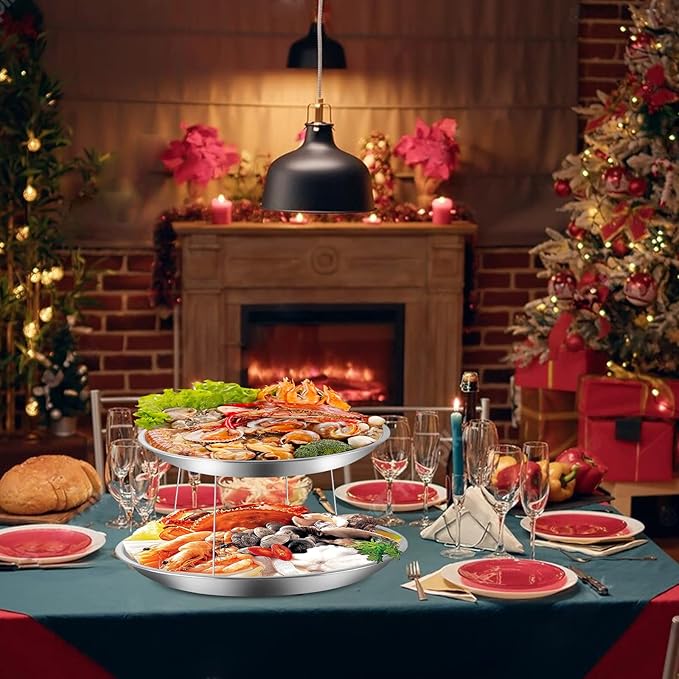 2-Piece Aluminum Seafood Platter - 16" Round Tray with 14" Oyster Section, Silver(Not Include Seafood Racks)