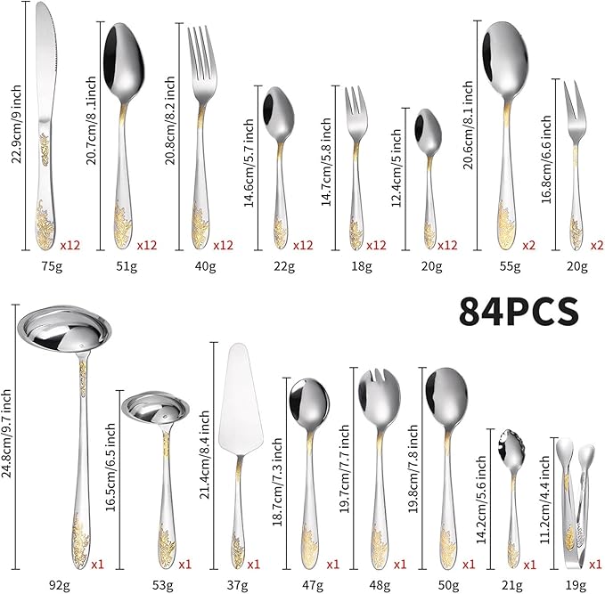 72/84 PCS Luxury Flatware Set, in a Flatware Organizer for Drawer, Silverware Flatware Serving Set for 12 with Gold Accents for Formal Events, Parties(D,84pcs)