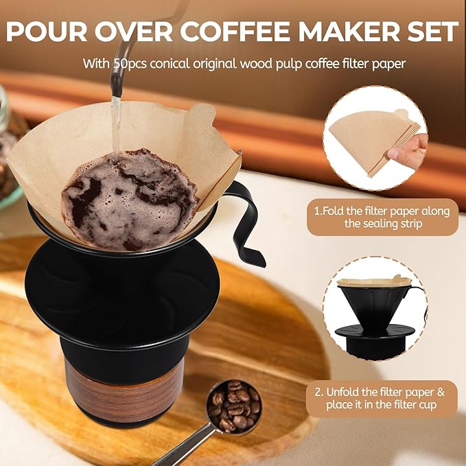 Uncoated Pour Over Coffee Maker 300ml Portable Cup 304 Thickened Stainless Steel Drip Coffeemaker Set with 50pcs V60 Cone Paper Filters Hand Brew Dripper Carafe for Home Camping Travel 10.2oz Black