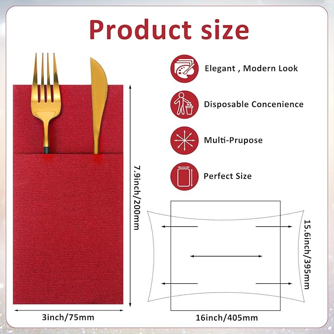 Cindeer 150 Pcs Red Linen Dinner Feel Napkins with Built in Flatware Pocket Prefolded Paper Disposable Airlaid Guest Hand Towel for Silverware Wedding Reception Christmas Baby Shower