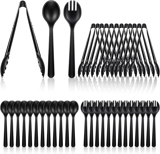 36 PCS Disposable Serving Utensils Set - 12 Heavy Duty Plastic Spoons Forks Tongs for Buffet Catering Party Supplies, Black Serving Utensils for Restaurant Wedding Banquet Dinner Salad Soup