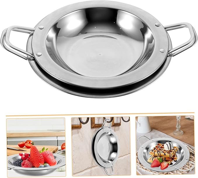 2pcs Stainless Steel Snack Plates Round Plate Handles for Hotel Serving Trays