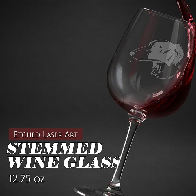 Etched Laser Art Personalized Dog Themed Etched Wine Glass - Custom Dog Breed Wine Glasses, Ideal for Pet Lovers, Unique & Personalized Birthday Gift for Men & Women - Silken Windhound, 12.75 oz