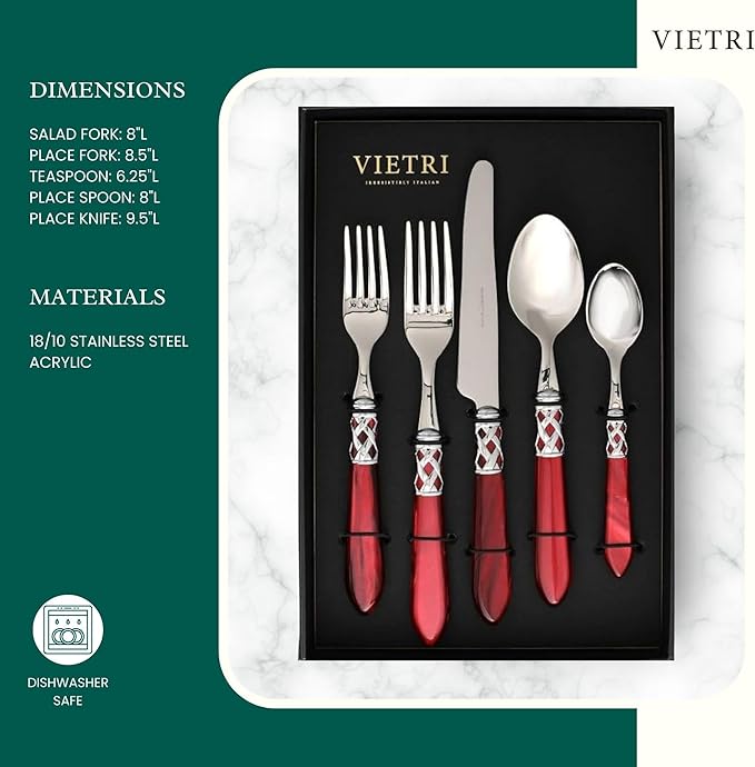 Vietri Aladdin Italian Flatware 18/10 Stainless Steel Brilliant Finish Including Place Knife, Place Fork, Place Spoon, Teaspoon, and Salad Fork (Red)