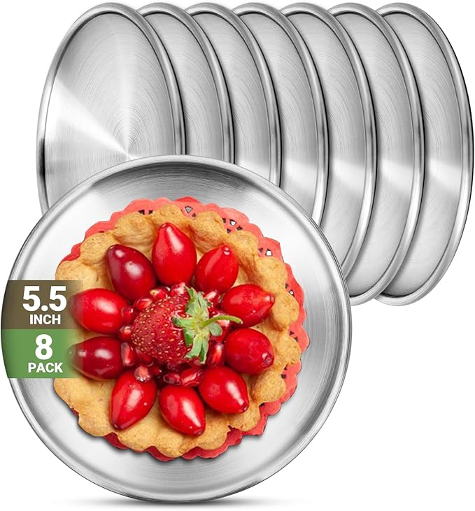 Stainless Steel Plates, 8 Pack 5.5 inch 304(18/8) Metal Food Serving Plate Set, Reusable Snack Eating Dishes Round Shatterproof Plate Silver Dinnerware for BBQ Dinner Oven Dishwasher Safe