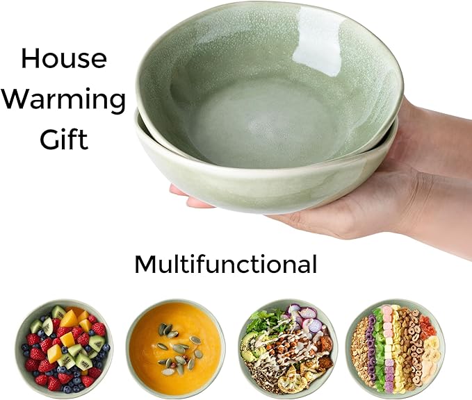 AmorArc Ceramic Cereal Bowls Set of 6, 24 oz Handmade Stoneware Bowls for Cereal Soup Salad Bread, Stylish Kitchen Bowls for Meal, Dishwasher & Microwave Safe-Olive Green