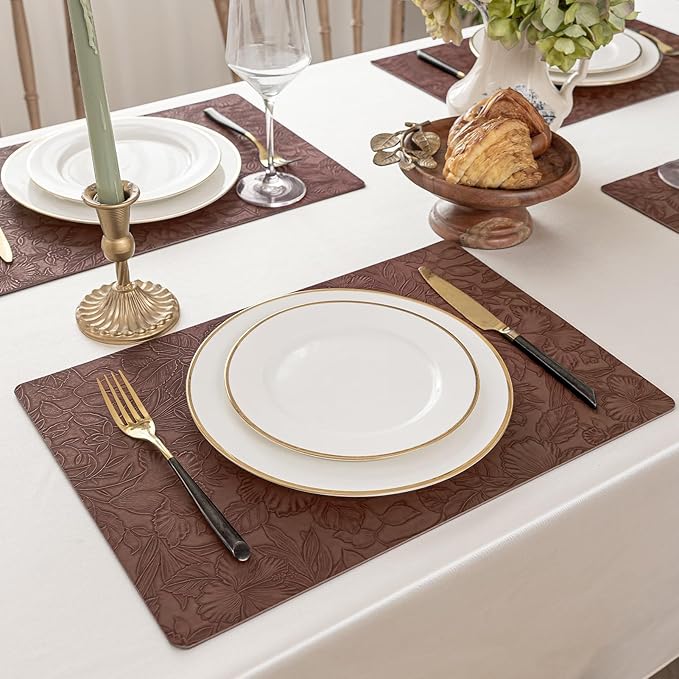 Romanstile Vinyl Placemats Set of 4-12 X 17 Inch - Heat Resistant Non-Slip Embossed Floral Place Mats 100% Waterproof Oilproof Wipeable Faux Leather Table Mats for Kitchen/Dining/Party, Brown