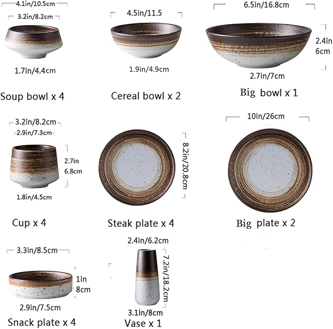 Ceramic Dinnerware Set, Dishes Set, 22 Pcs Brown Gradient Plates and Bowls Sets, Tableware Combination Set, Handpaint Spiral Texture Dinner Set with Glaze Dot, Service for 4