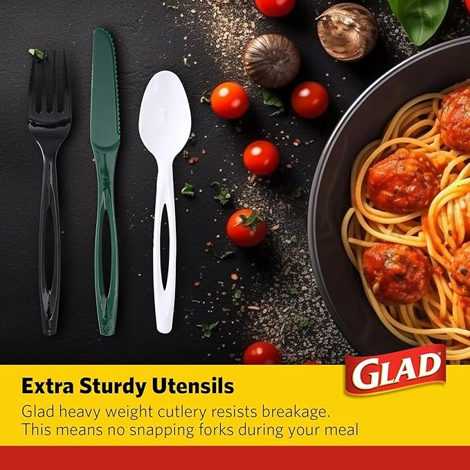 Glad Plastic Assorted Disposable Cutlery Set, Green, White and Black - Includes Forks, Knives, and Spoons - Set of Sturdy, Heavy Duty Party Utensils, 120 Count - 6 Pack