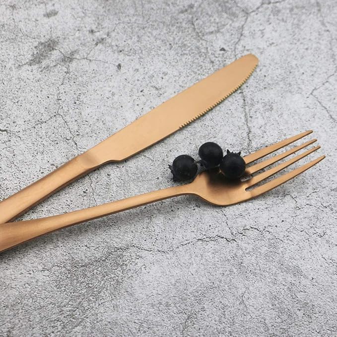 JASHII 24 Pieces 304 Stainless Steel Rose Cutlery Set Home Kitchen Silverware Set, Matte, Knife/Fork/Spoon, Modern Elegant Silverware Set for Party, Christmas (Rose full)