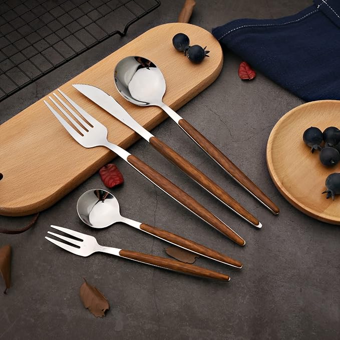 20-piece Wood Silverware Set for 4, Include Knife Fork Spoon, Stainless Steel Flatware Set with Wooden Handle, Mirror, Dishwasher Safe, for Home Kitchen Travel - Round Handle Silver