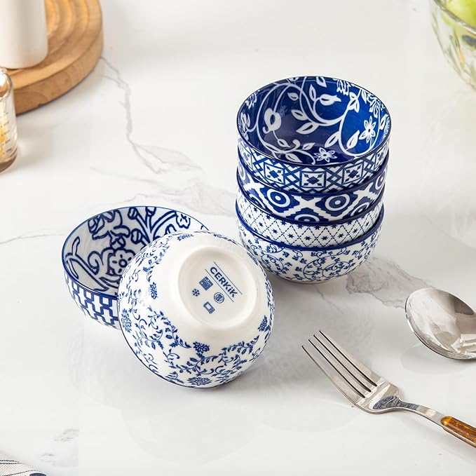 Ceramic Mini Dipping Bowls - 4 Oz Small Dessert Bowl Set - 3.5 Inch Porcelain Bowls for Side Dishes, Snack, Yogurt, Appetizer - Microwave Dishwasher Safe - Set of 6 - Vintage Blue