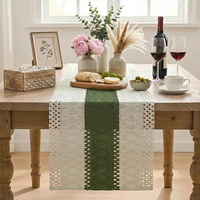 Artoid Mode Army Green Farmhouse Rustic Table Runner, Seasonal Holiday Hollow Kitchen Dining Table Decoration for Home Party Decor 12x48 Inch