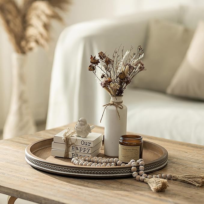 Hanobe Large Round Decorative Tray: 45cm Coffee Table Beaded Tray Vintage Circle Big Wood Trays Decor Rustic Farmhouse Ottoman Centerpiece Serving Home for Counter
