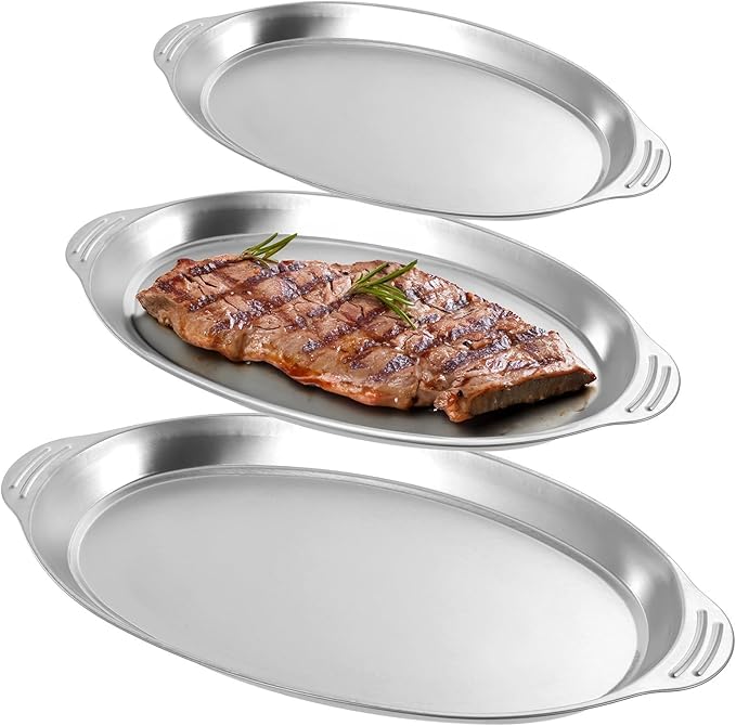 BOSREROY 3pcs Silver Platter, Oval Stainless Steel Serving Tray Silver Trays For Serving For Table Decor Food Sushi Appetizer