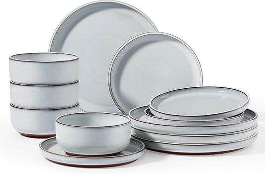 Vesteel 12-Piece Dinnerware Set, Ceramic Plates and Bowls Set for 4, Reactive Glaze Tableware Set with Purple Clay Base for Home, Chip & Scratch Resistant Stoneware, Moonlight White