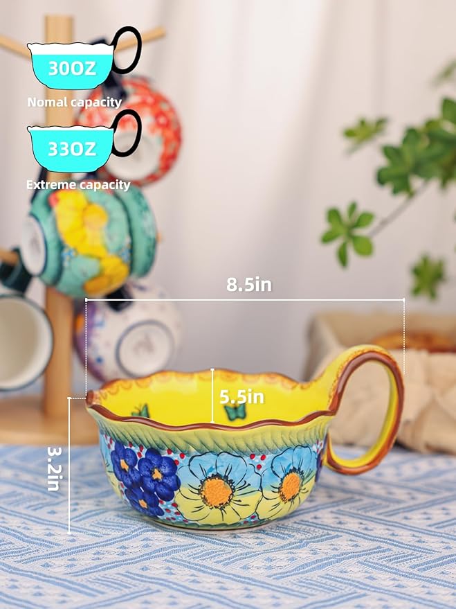 silesia Handmade Ceramic Soup Bowl, 30 oz Hand Painted Bowl with Loop Handle, Floral Design Cereal Bowl for Soup, Ice cream, Snack, Microwave & Dishwasher Safe (Glazed Yellow)