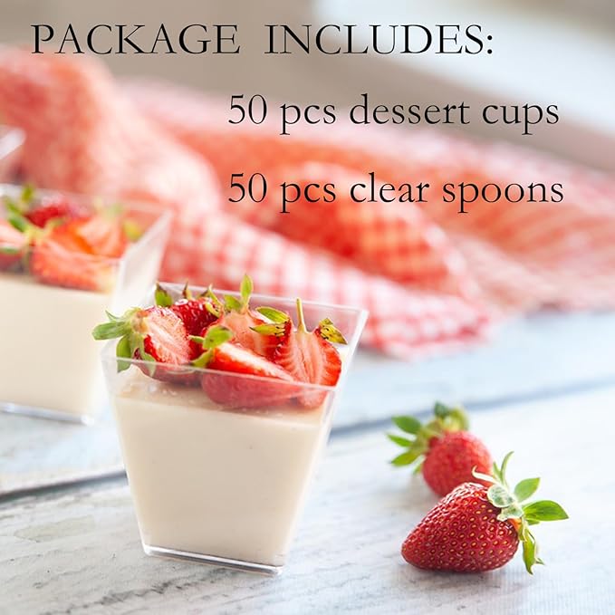 50 Pack 3.5 oz Plastic Dessert Cups with Spoons, Mini Square Parfait Appetizer Cups, Reusable Small Shooter Cup, Clear Serving Bowls for Tasting Party Samples Dessert Shot Glasses