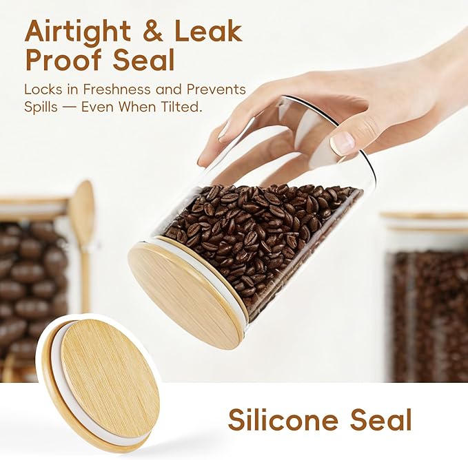 Sugar Jar Glass Salt Container,32 Ounces Clear Airtight Caning with Bamboo Lid, Storage Overnight Oats, Salts, Coffee Bean, Spice, Creamer, Food Organizer, Pack of 6