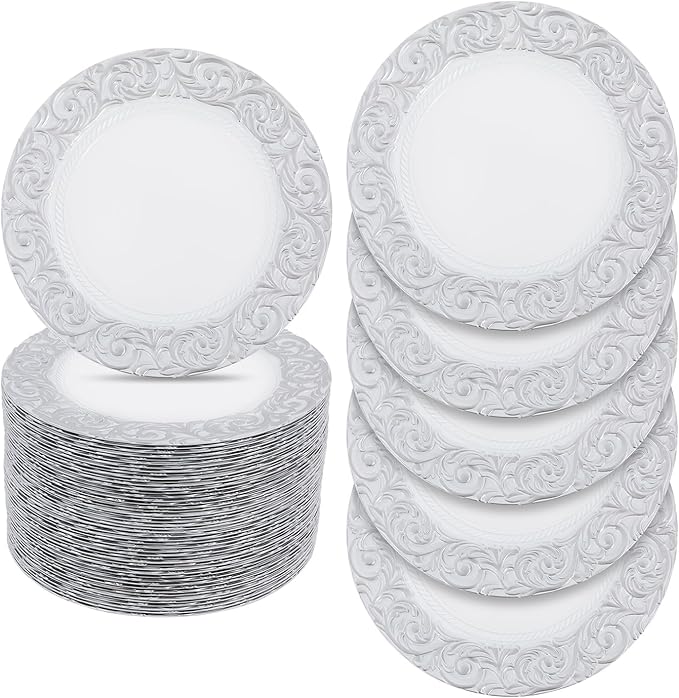 50 Pcs Antique Charger Plates Bulk 13" Round Floral Chargers for Dinner Plates, White Charger Plates for Wedding, Party, Elegant Tabletop Decor (White+Silver)