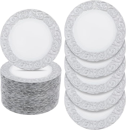 50 Pcs Antique Charger Plates Bulk 13" Round Floral Chargers for Dinner Plates, White Charger Plates for Wedding, Party, Elegant Tabletop Decor (White+Silver)
