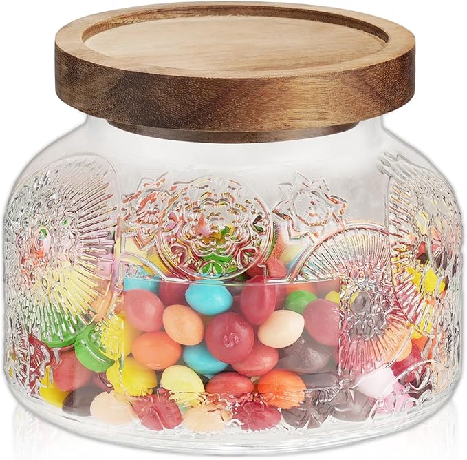 40 Oz Glass Candy Jar with Wooden Lid - Vintage Airtight Food Storage Container for Kitchen Pantry Office Decor, Clear Cookies Canister Organize Coffee Sugar Tea Spice Nuts Snacks