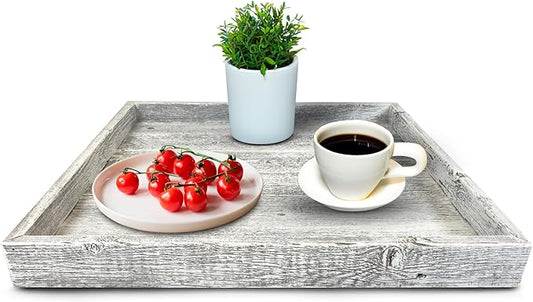 Wooden Ottoman Tray with Felt Pad – Decorative Couch Serving Tray Made with Real Rustic Reclaimed Wood - Perfect for Living Room Ottomans, Sofas, & Coffee Tables -24" x 24"- White Wash